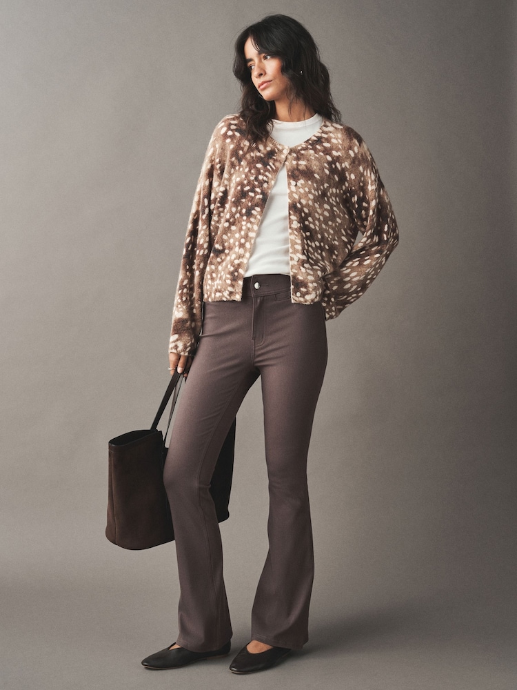 Mocha Brown Flare Leg Denim Jersey Leggings - Image 1 of 8 Mocha Brown Flare Leg Denim Jersey Leggings - Image 1 of 8