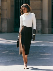 Friends Like These Chocolate Brown Zip Front Faux Suede Midi Pencil Skirt - Image 3 of 5