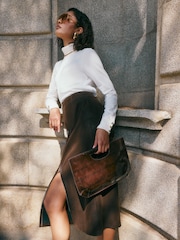 Friends Like These Chocolate Brown Zip Front Faux Suede Midi Pencil Skirt - Image 5 of 5
