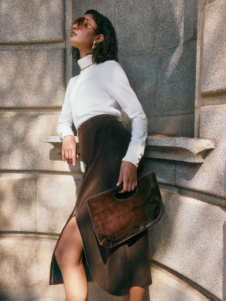 Friends Like These Chocolate Brown Zip Front Faux Suede Midi Pencil Skirt - Image 5 of 5