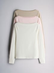 The Set 3 Pack Boat Neck Long Sleeve Tops Cream/Taupe/Pink - Image 1 of 6
