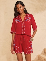 Love & Roses Red Seahorse Petite Embroidered Beach Shirt - Image 1 of 5