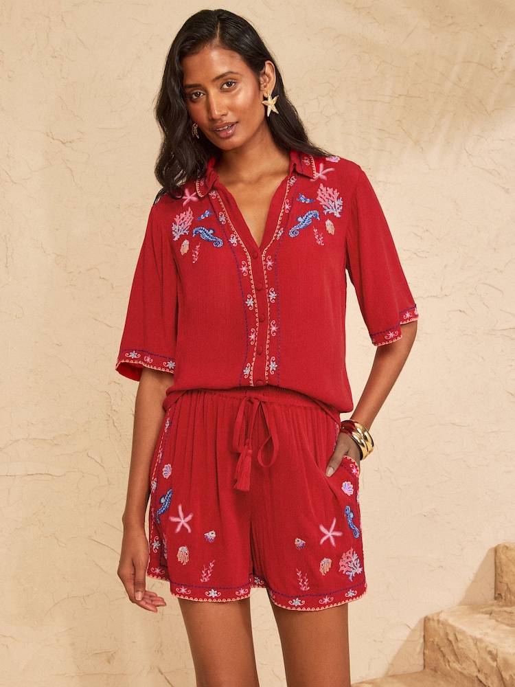 Love & Roses Red Seahorse Petite Embroidered Beach Shirt - Image 1 of 5 Love & Roses Red Seahorse Petite Embroidered Beach Shirt - Image 1 of 5