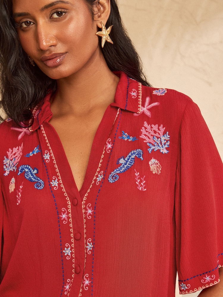 Love & Roses Red Seahorse Petite Embroidered Beach Shirt - Image 2 of 5 Love & Roses Red Seahorse Petite Embroidered Beach Shirt - Image 2 of 5