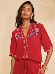 Love & Roses Red Seahorse Petite Embroidered Beach Shirt - Image 4 of 5