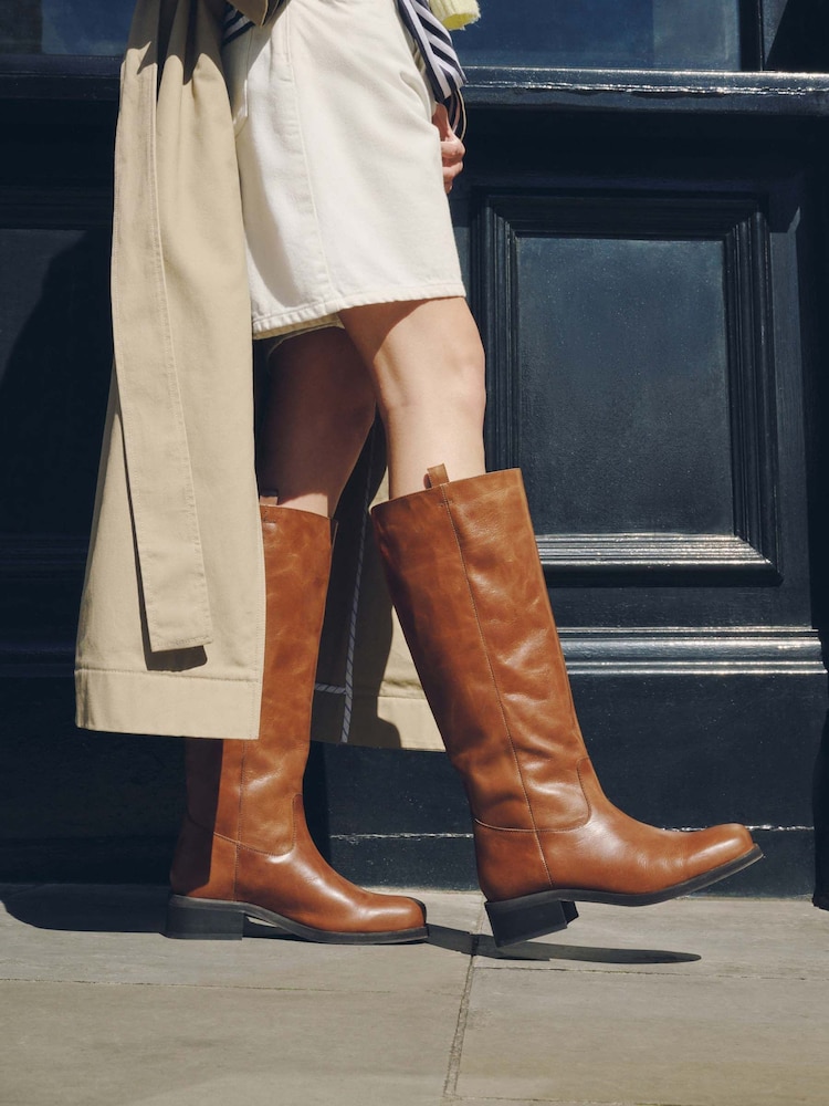 Tan Brown Standard fit Forever Comfort® Leather Knee High Pull On Boots - Image 1 of 10