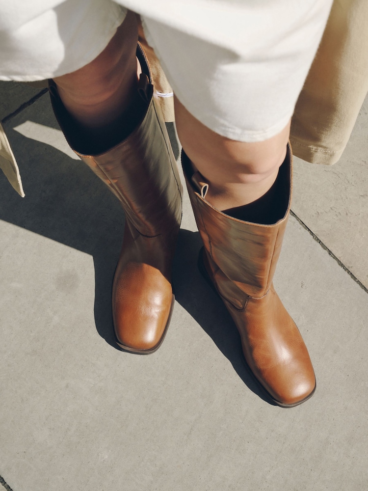 Tan Brown Standard fit Forever Comfort® Leather Knee High Pull On Boots - Image 2 of 10