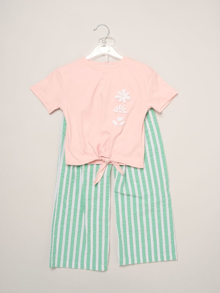 Miss Pink Flower Market Tie-Front Tee & Seersucker Stripe Trousers Set - Image 1 of 4 Miss Pink Flower Market Tie-Front Tee & Seersucker Stripe Trousers Set - Image 1 of 4