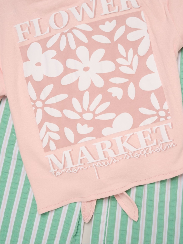 Miss Pink Flower Market Tie-Front Tee & Seersucker Stripe Trousers Set - Image 2 of 4 Miss Pink Flower Market Tie-Front Tee & Seersucker Stripe Trousers Set - Image 2 of 4