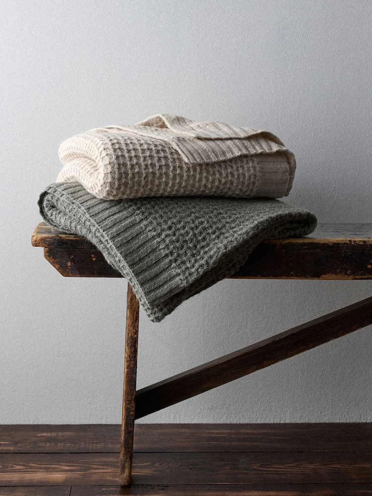 The Set 2 Pack Sage Green/Cream Ribbed Waffle Knitted Throws - Image 1 of 5 The Set 2 Pack Sage Green/Cream Ribbed Waffle Knitted Throws - Image 1 of 5