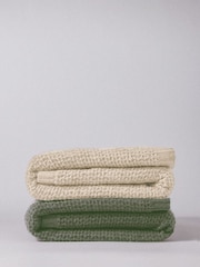 The Set 2 Pack Sage Green/Cream Ribbed Waffle Knitted Throws - Image 2 of 5