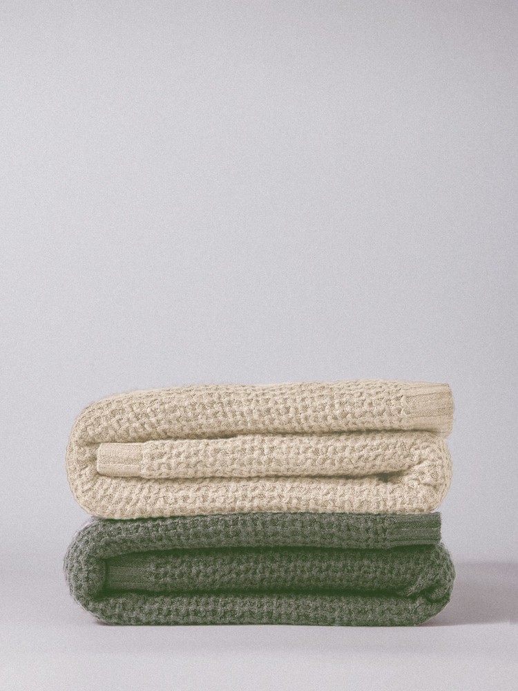 The Set 2 Pack Sage Green/Cream Ribbed Waffle Knitted Throws - Image 2 of 5 The Set 2 Pack Sage Green/Cream Ribbed Waffle Knitted Throws - Image 2 of 5