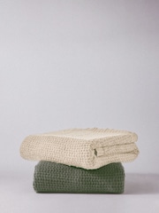 The Set 2 Pack Sage Green/Cream Ribbed Waffle Knitted Throws - Image 3 of 5