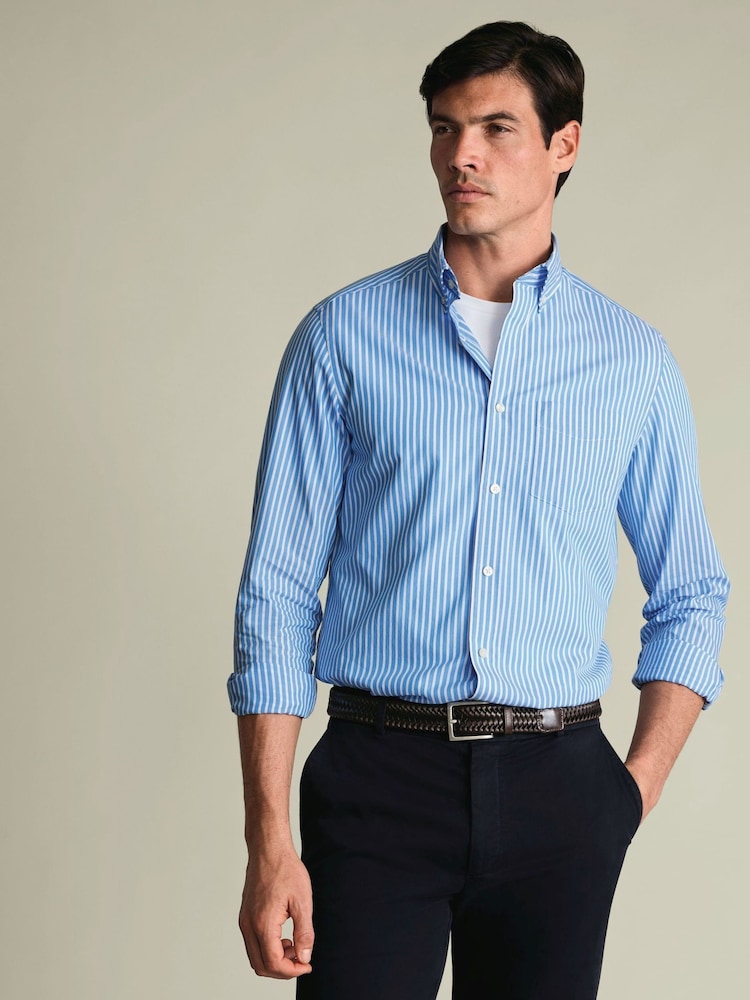 Charles Tyrwhitt Ocean Blue Stripe Stretch Washed Poplin Shirt - Image 1 of 5
