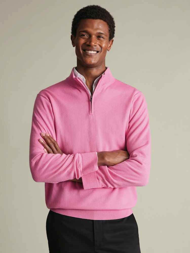 Charles Tyrwhitt Pink Merino Zip Neck Jumper - Image 1 of 5