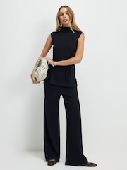 River Island Black High Waisted Textured Wide Leg Trousers - Image 1 of 4
