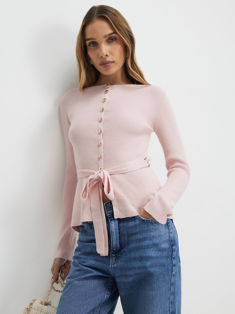 River Island Pink Long Sleeve Tie Waist Cardigan - Image 1 of 4 River Island Pink Long Sleeve Tie Waist Cardigan - Image 1 of 4