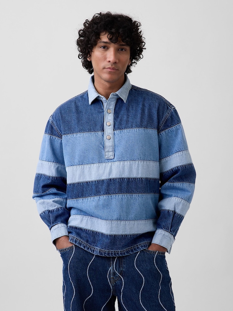 Gap x Harlem's Fashion Row Colourblock Denim Stripe Polo Shirt - Image 1 of 4 Gap x Harlem's Fashion Row Colourblock Denim Stripe Polo Shirt - Image 1 of 4