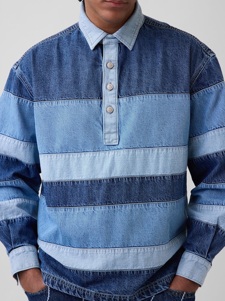 Gap x Harlem's Fashion Row Colourblock Denim Stripe Polo Shirt - Image 4 of 4 Gap x Harlem's Fashion Row Colourblock Denim Stripe Polo Shirt - Image 4 of 4