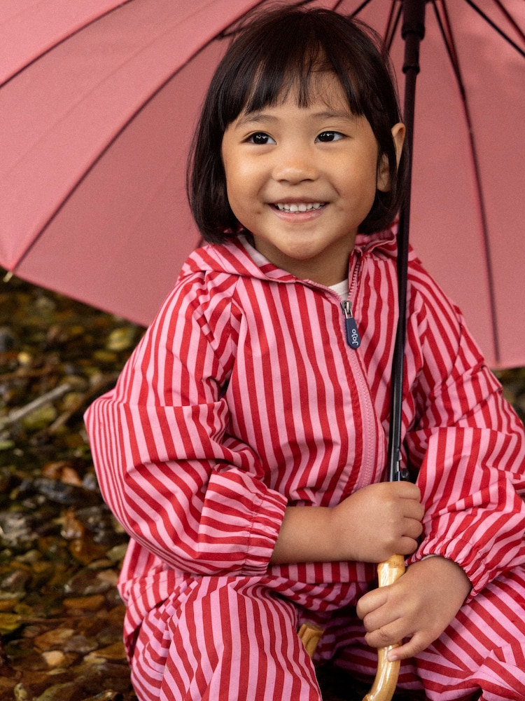 JoJo Maman Bébé Pink Stripe Waterproof Packaway Jacket - Image 1 of 5 JoJo Maman Bébé Pink Stripe Waterproof Packaway Jacket - Image 1 of 5