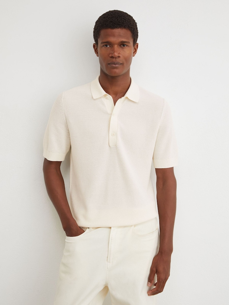 Reiss Ecru Warren Cotton-Blend Basket-Stitch Polo Shirt - Image 1 of 6