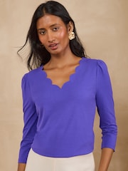 Love & Roses Cobalt Blue Petite 3/4 Sleeve Scallop V-Neck Jersey Top - Image 1 of 5