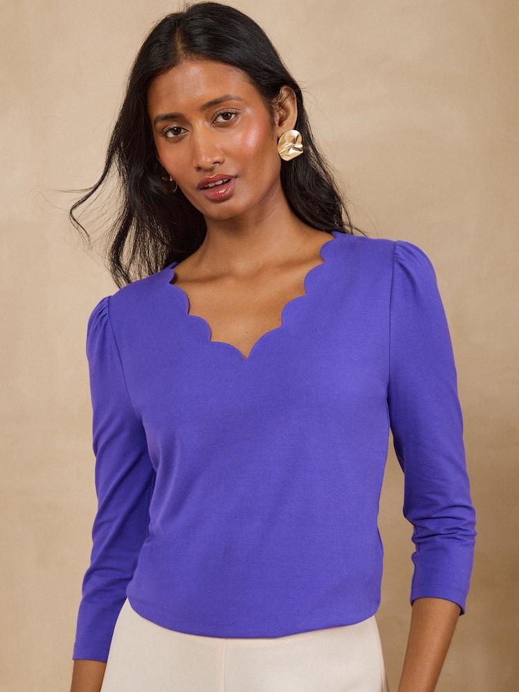 Love & Roses Cobalt Blue Petite 3/4 Sleeve Scallop V-Neck Jersey Top - Image 1 of 5 Love & Roses Cobalt Blue Petite 3/4 Sleeve Scallop V-Neck Jersey Top - Image 1 of 5