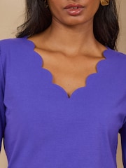 Love & Roses Cobalt Blue Petite 3/4 Sleeve Scallop V-Neck Jersey Top - Image 2 of 5