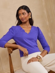 Love & Roses Cobalt Blue Petite 3/4 Sleeve Scallop V-Neck Jersey Top - Image 3 of 5