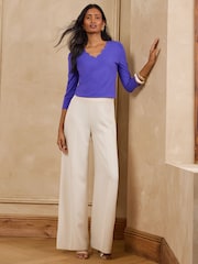 Love & Roses Cobalt Blue Petite 3/4 Sleeve Scallop V-Neck Jersey Top - Image 4 of 5