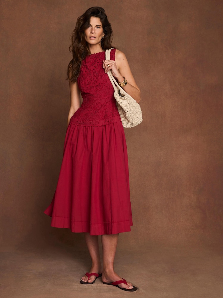 Mint Velvet Red Cotton Broderie Midi Dress - Image 1 of 8 Mint Velvet Red Cotton Broderie Midi Dress - Image 1 of 8