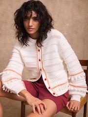 Mint Velvet White Cotton Blend Tassel Cardigan - Image 1 of 7