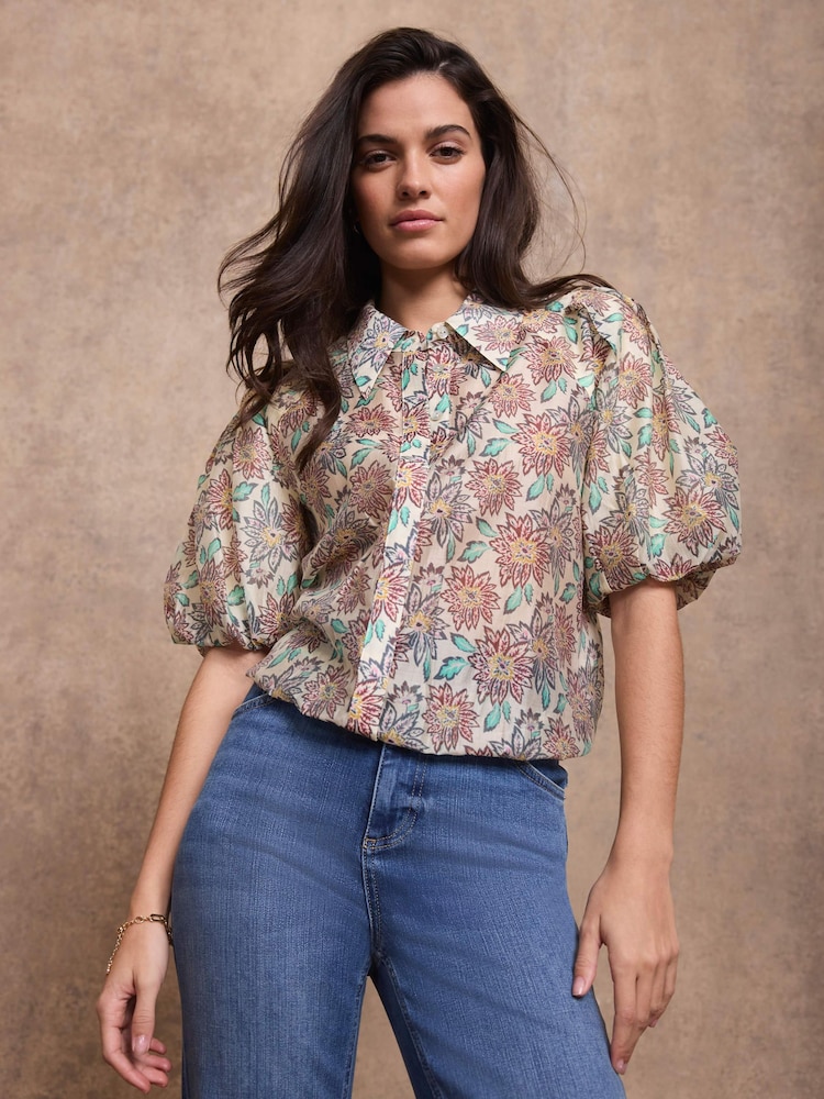 Mint Velvet Red Floral Print Puff Sleeve Shirt - Image 1 of 7