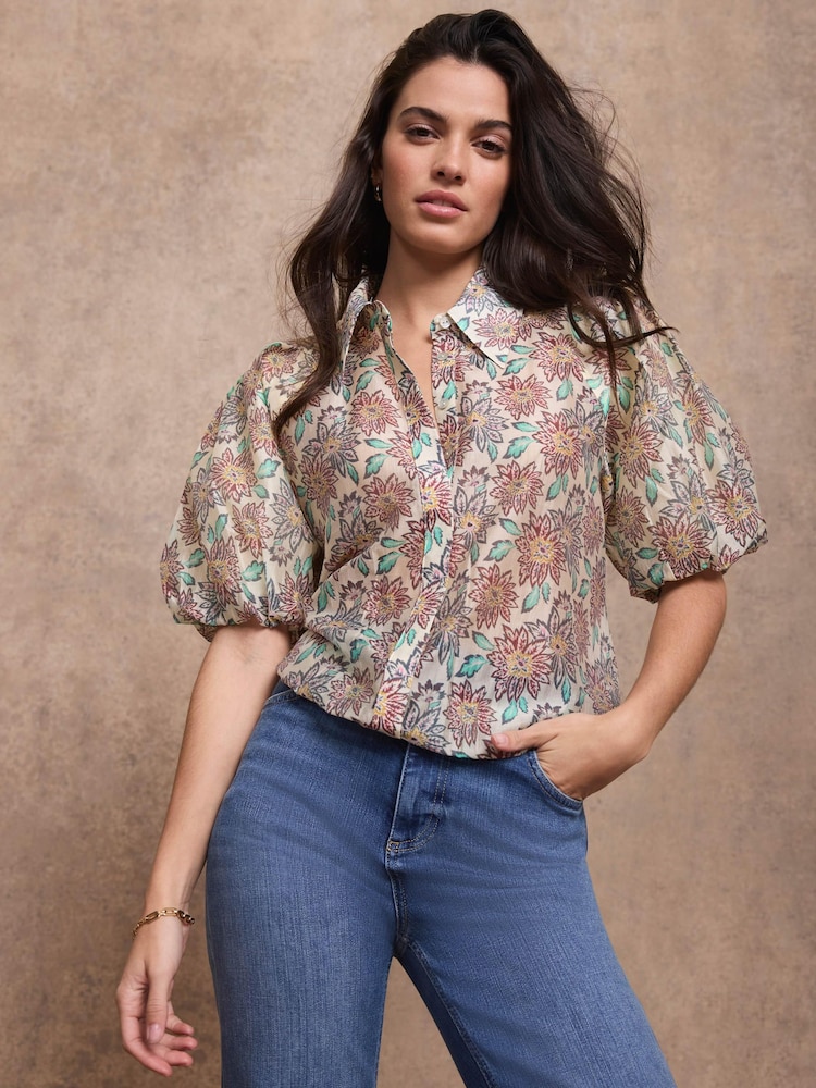 Mint Velvet Red Floral Print Puff Sleeve Shirt - Image 2 of 7