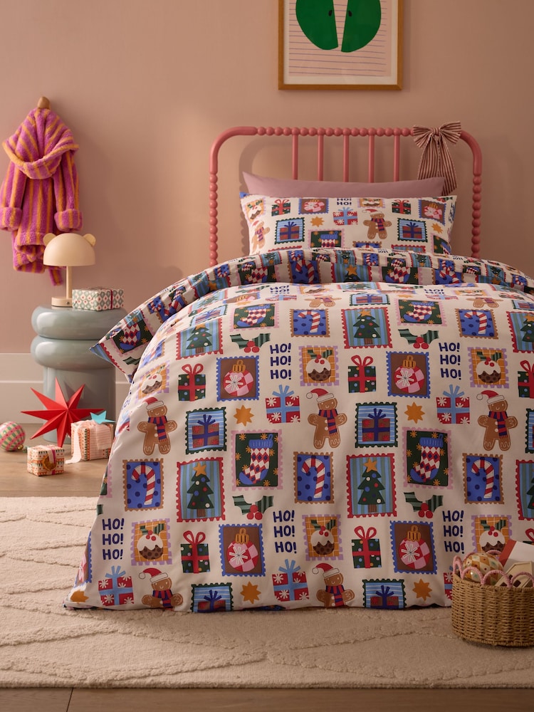 Bright Stamps Christmas Duvet Cover and Pillowcase Set - Image 1 of 4 Bright Stamps Christmas Duvet Cover and Pillowcase Set - Image 1 of 4