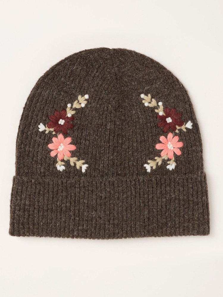 FatFace Brown Flower Embroidered Beanie - Image 1 of 3
