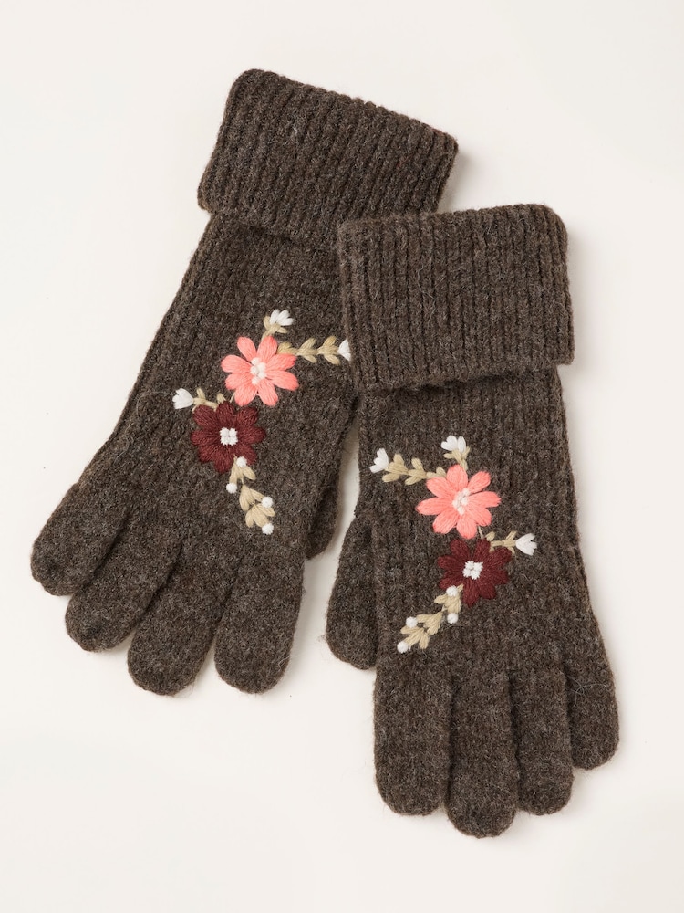 FatFace Brown Floral Embroidered Gloves - Image 1 of 3