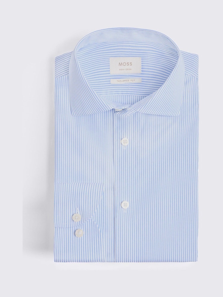 MOSS Blue Tailored Fit Stripe Non Iron Shirt - Image 2 of 2