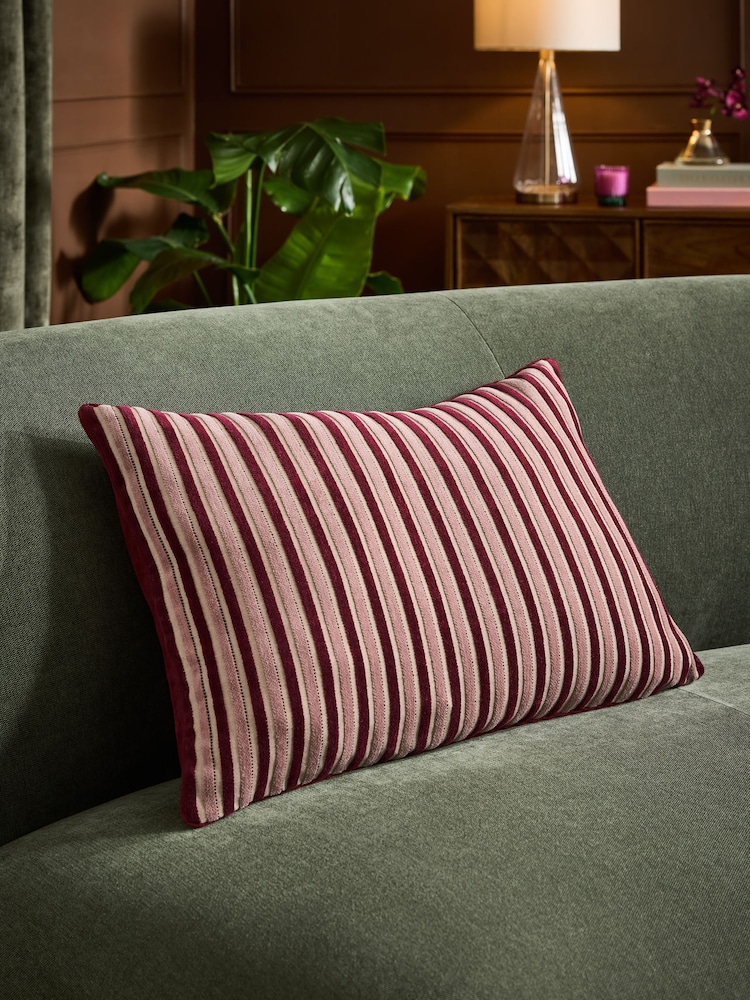 Burgundy Red 40 x 59cm Cut Velvet Stripe Cushion - Image 1 of 4 Burgundy Red 40 x 59cm Cut Velvet Stripe Cushion - Image 1 of 4