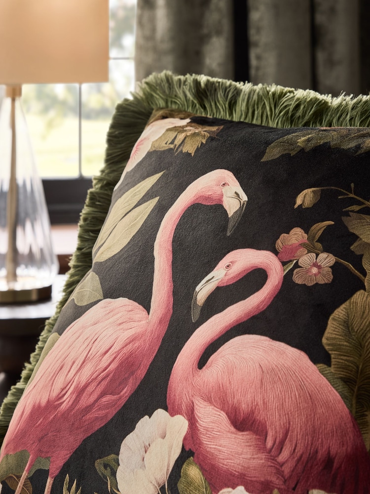 Green 50 X 50cm Flamingo Fringed Cushion - Image 2 of 4