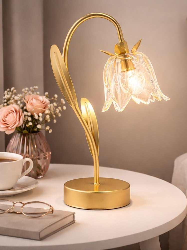 Widdop Gold Single Stem LED Lamp With Glass Flower On Base - Image 1 of 4 Widdop Gold Single Stem LED Lamp With Glass Flower On Base - Image 1 of 4