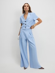 River Island Blue Cropped Linen Blend Scallop Hem Button Front Top - Image 1 of 4