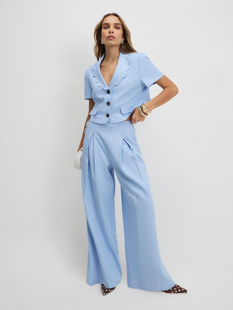 River Island Blue Cropped Linen Blend Scallop Hem Button Front Top - Image 1 of 4