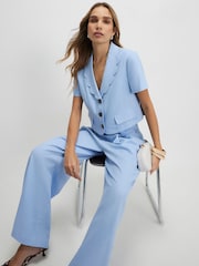 River Island Blue Cropped Linen Blend Scallop Hem Button Front Top - Image 2 of 4