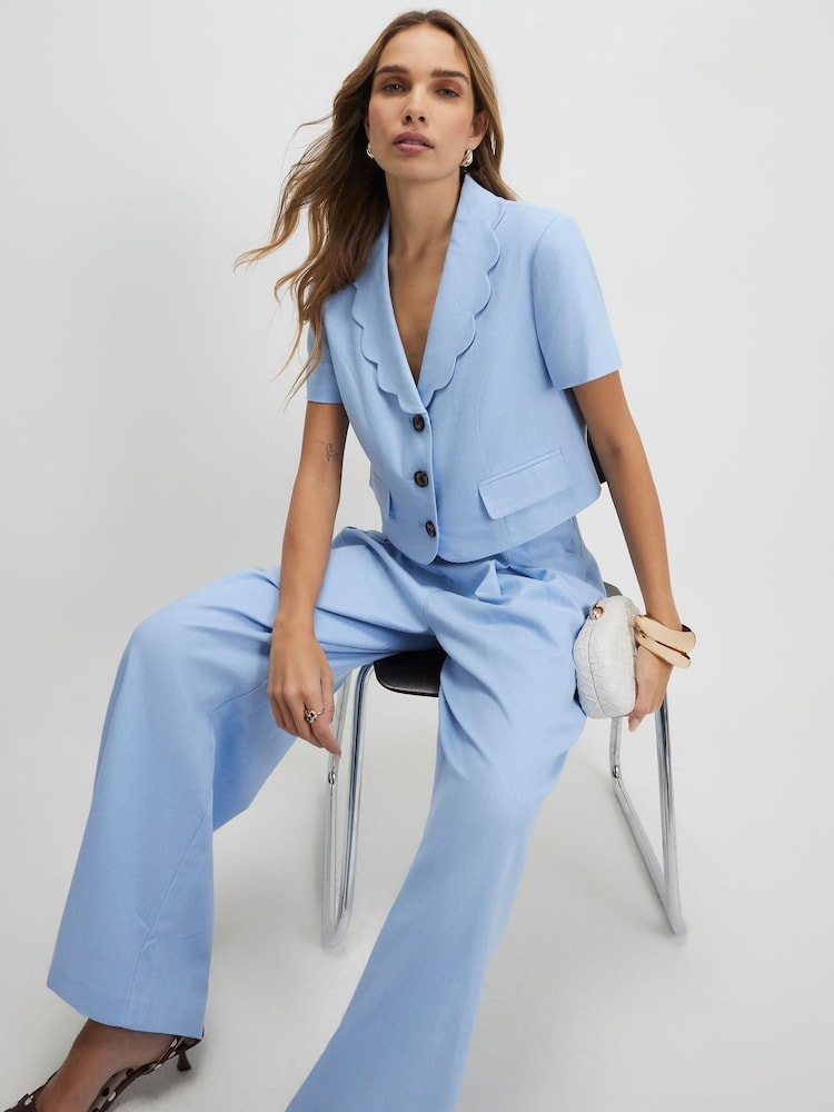 River Island Blue Cropped Linen Blend Scallop Hem Button Front Top - Image 2 of 4