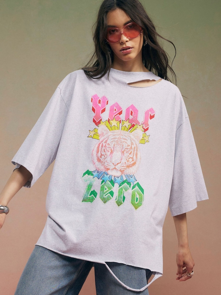 River Island Grey Short Sleeve Year Zero Rip Detail Oversized T-Shirt - Image 1 of 4