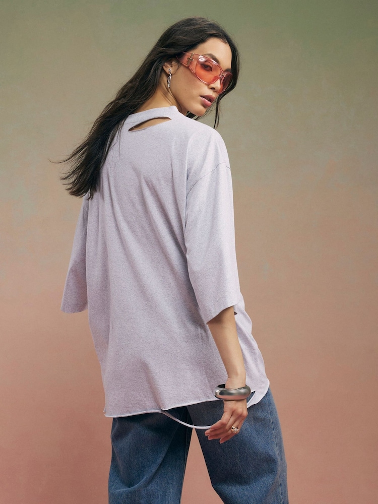 River Island Grey Short Sleeve Year Zero Rip Detail Oversized T-Shirt - Image 2 of 4