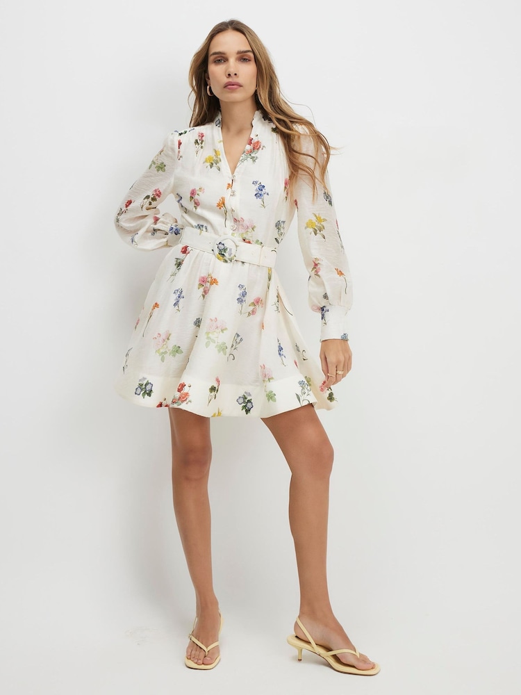 River Island Cream Long Sleeve Floral Print Belted Shirt Dress - Image 2 of 4