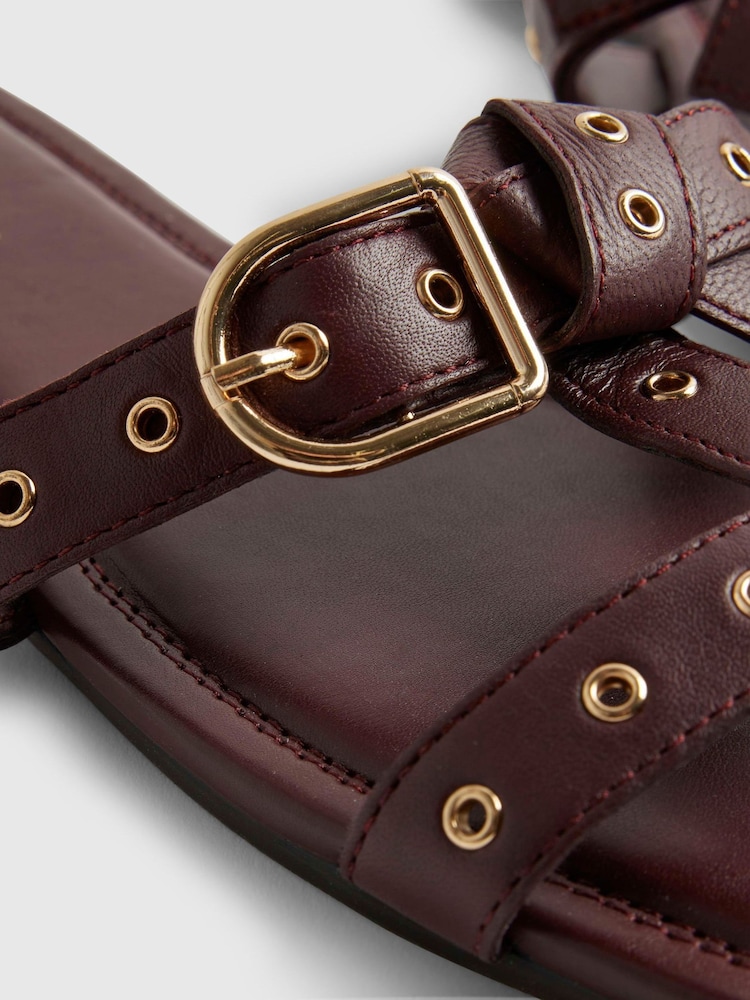 River Island Red Leather Buckle T-Bar Flat Sandals - Image 6 of 6