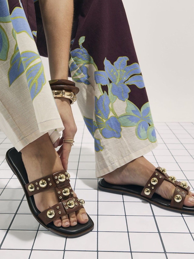 River Island Brown Leather Studded T-Bar Flat Sandals - Image 1 of 6 River Island Brown Leather Studded T-Bar Flat Sandals - Image 1 of 6